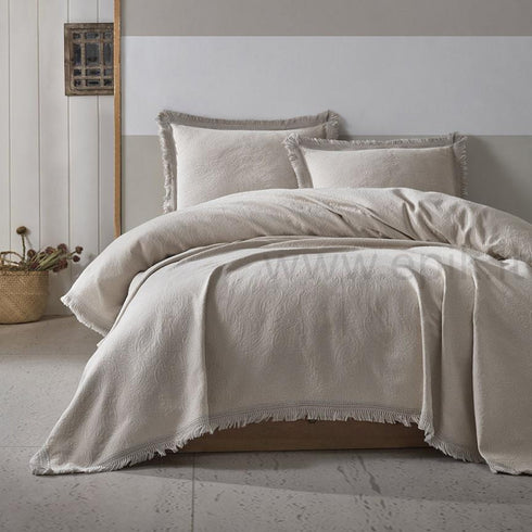 Prabangi medvilninė austinių žakardo raštų lovatiesė "Grace" su 2 pagalvių užvalkalais, kreminė/smėlinė